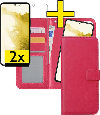 Hoesje - 2 in 1 - Geschikt voor Samsung Galaxy S22 - Met 2x Screenprotector - En Uitneembare Hard Cover - Bookcase - Wallet Case - Met Pasjeshouder - Book Case - Uitneembaar - Pashouder - Kunstleer - Telefoonhoesjes - Donkerroze