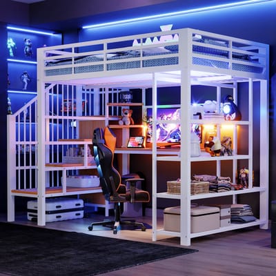 HAUSS SPOLE Hoogslaper 140x200 cm - Met Bureau, Trapkast, Led En Stopcontact - Zonder Matras - Metaal En Hout - Wit