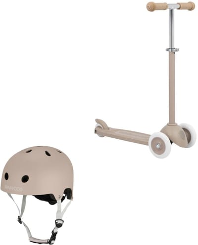 Banwood Eco Scooter + Basket + Eco Fietshelm - Sand - kinderstep - kinder helm - voordeelset