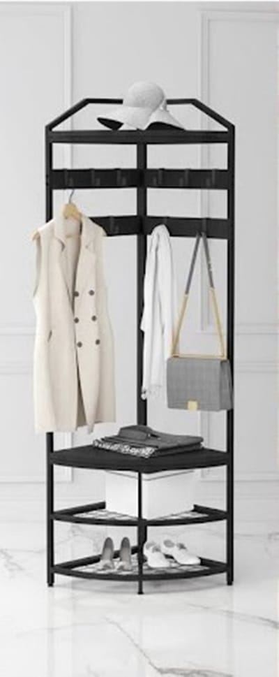 Hoekkapstok & Kledingstandaard - Vrijstaand Metalen Frame met 12 Beweegbare Haken - Inclusief Schoenenbank - Voor Hal, Entree, Woonkamer, Slaapkamer & Kantoor - Zwart - Robuust & Stijlvol Design Ca...