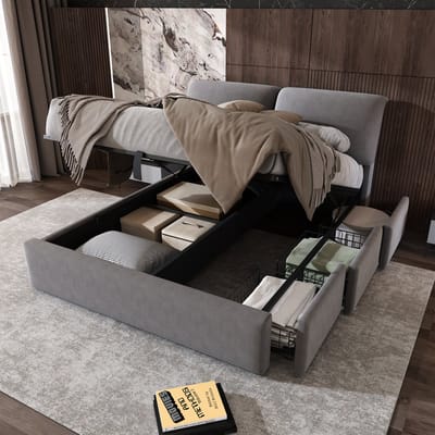 Gestoffeerd Bed - 140x200 cm - Hydraulisch met 3 Lades - Lattenbodem - Fluweel - Grijs