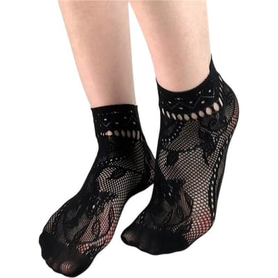 Zwarte visnet enkelsokken voor dames Retro bloemenjurk Uitgesneden Elastisch nylon Met patroon Korte sokken One Size beige