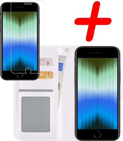 Hoesje Met Screenprotector - Geschikt voor Apple iPhone SE (2022) - Luxe Pasjeshouder - Bookcase Portemonee - Flip Case - Kunstleer Book Case - Flipcase - Book Cover - Walletcase - Portemonneehoes - Wit