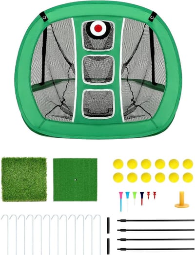 Aura® Golf Oefennet - Golf Chipping Net met 2 Golf Matten - 12 Oefenballen en Golf Tee Accessoires - Groen - 60cm x 50cm x 80cm