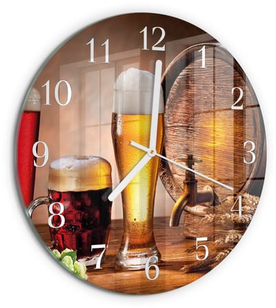 Tulup Wandklok - Biervat Moderne Glazen Wandklok - 30fi cm - Bruin Wandklok Glas Met Motief - Witte Handen - Ronde Wandklok - Klok Glas Met Opdruk - Moderne Wandklok Glas