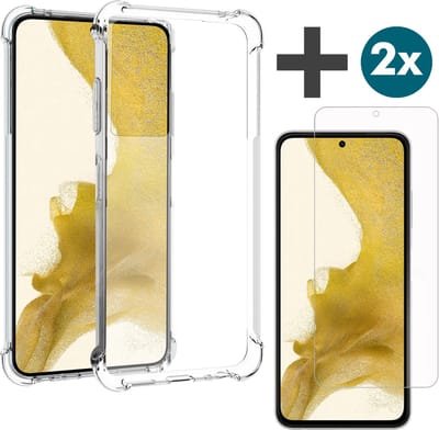 Samsung Galaxy S22 hoesje transparant siliconen backcover met verstevigde hoeken Inclusief 2 Stuks Screenprotector tempered glass