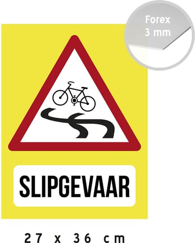 Pictogram/ bord | "Slipgevaar" | 27 x 36 cm | Fietsers | Gladheid | Gladde weg | Fiets | Geel | Let op | Gevarenteken | Gevaarsbord | Opvallend | Valpartij | 1 stuk