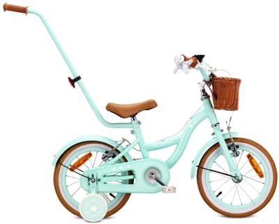 Sun Baby Kinderfiets 14 Inch FLOWER BIKE Retro, Fiets voor Meisje 3-5 Jaar, Max 50 kg - V-brakes, zijwielen, bel, reflectoren, stalen frame, verstelbaar - Mint