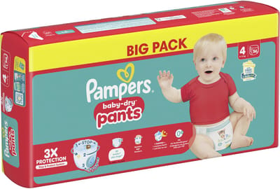 Pampers Baby-Dry Pants luierbroekjes - Maat 4 (9-15kg) - 56 stuks - Voordeelverpakking - Voorkomt lekken - Dubbele beschermrandjes - Absorberende kern