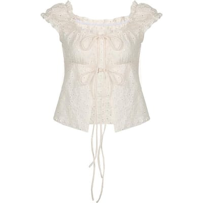 Jacquard Style Doux et Épicé Bretelles Creuses Col Carré Manches Bouffantes Top Court Oreilles Noires Fille Réduction d'Âge Polyvalent Pratique M