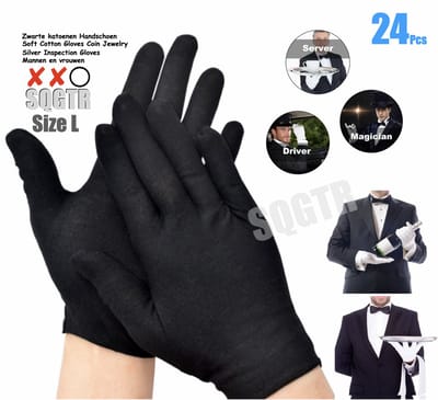katoenen handschoenen L Zwart - 24 Stuks Mannen Vrouwen Zwart Volledige Vinger Katoenen Handschoenen Hoge Elastische Etiquette Obers Drivers Sieraden Werknemers Wanten Zweet Handschoenen - Gloves Cotton - Maat L 12 Paar katoenen handschoenen