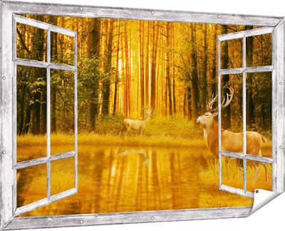 Gards Tuinposter Doorkijk Twee Herten in het Bos bij het Water - 180x120 cm - Tuindoek - Tuindecoratie - Wanddecoratie buiten - Tuinschilderij