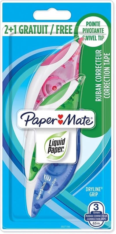 Paper Mate Papier Mate Liquid Papier DryLine Grip Correctietape Assorted Colours Pack of 2+1