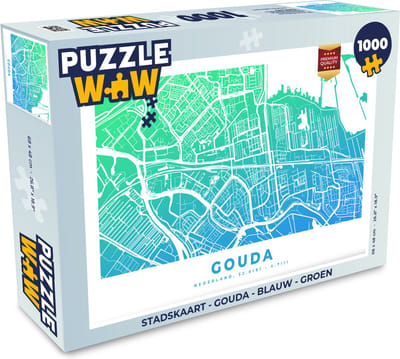 Puzzel Stadskaart - Gouda - Blauw - Groen - Legpuzzel - Puzzel 1000 stukjes volwassenen - Plattegrond