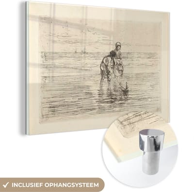 ® Glasschilderij 180x120 cm - Schilderij acrylglas - Kinderen spelend met een scheepje aan het strand, Jozef Israëls, 1835 - 1911 - Foto op glas - Muurdecoratie woonkamer - Wanddecoratie slaapkamer - Schilderijen