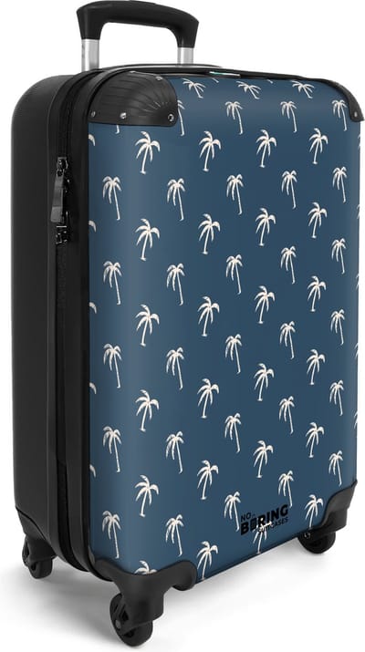 NoBoringSuitcases.com® - Handbagage koffer lichtgewicht - Reiskoffer trolley - Blauw met beige palmbomen print - Vakantie rolkoffer met wieltjes - Carryon suitcase - Flightcase - Cabin koffertje - Past binnen 55x40x20 en 55x35x25