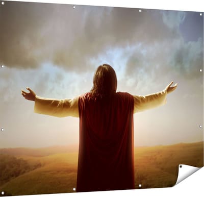 Gards Tuinposter Jezus Christus aan het Bidden bij Zonsopgang - 150x120 cm - Tuindoek - Tuindecoratie - Wanddecoratie buiten - Tuinschilderij