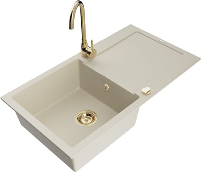 Mexen Leo granieten spoelbak 1-koer met afdruiprek en keukenmengkraan Telma, beige - 6501-69-670200-50