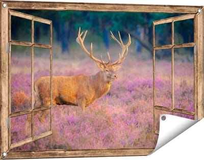 Gards Tuinposter Doorkijk Hert in de Weide tijdens Zonsondergang - 90x60 cm - Tuindoek - Tuindecoratie - Wanddecoratie buiten - Tuinschilderij
