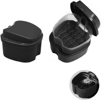 2 stuks dental prostheses storage box with filter for teeth, cleaning bath box, orthodontic device box, zwart