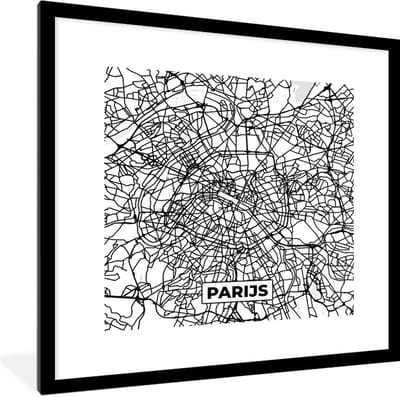 Fotolijst incl. Poster Zwart Wit- Stadskaart - Parijs - Zwart Wit - Plattegrond - Kaart - 40x40 cm - Posterlijst