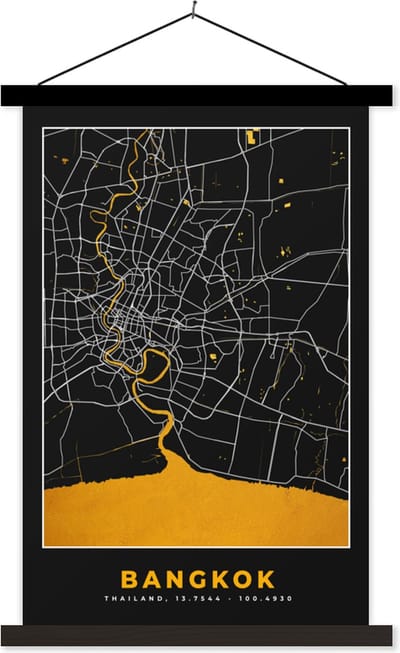 Posterhanger incl. Poster 40x60 cm - Schoolplaat - Bangkok - Goud - Plattegrond - Stadskaart - Kaart - Textielposter - Zwarte latten - Stadskaart