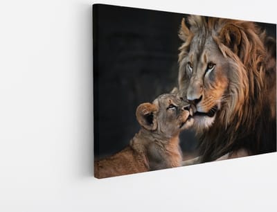 Saammp Canvas Schilderij - Leeuw met welp - Dieren - Natuur - 45x30 - Foto op canvas - Wanddecoratie - Muurdecoratie Woonkamer - Slaapkamer decoratie - Canvas Print
