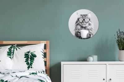 WallCircle - Wandcirkel - Muurcirkel - Kat - Bril - Mok - Pluizig - Aluminium - Dibond - 30x30 cm - Binnen en Buiten