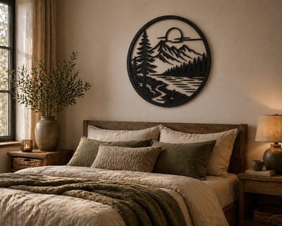 Houten Wanddecoratie Rond Zwart – Berglandschap met Zon en Bos – Natuur Muurdecoratie – Moderne Interieur Decoratie voor Woonkamer Slaapkamer Hal – Laser Gesneden Hout – Stijlvolle Wandhanger Cadeau