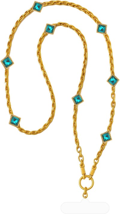 LéClé Goud Telefoonkoord - Blauw Kristal - Crossbody Ketting 120 cm