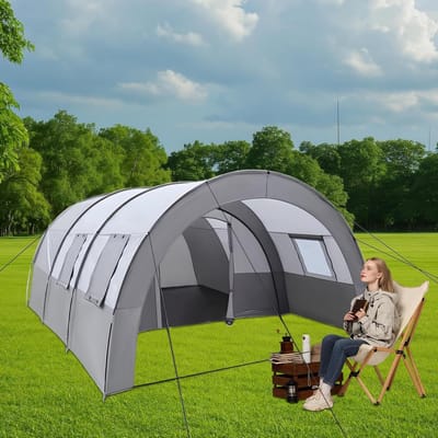 Campingtunneltent - Grote tent - Kamperen met gezin - 1500mm waterdicht - 6 personen - Grijs