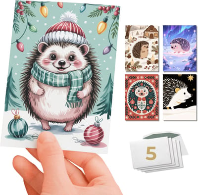 Inspra Studio – Luxe Kerstkaarten met Enveloppen – 5 Stuks – Dieren Wenskaarten Collectie – Mix van 5 Unieke Illustratiestijlen – Egel