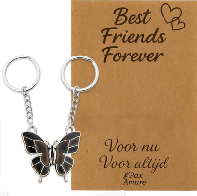 BFF Sleutelhanger voor 2 'Best Friends Forever' - Vlinder VERANDERT VAN KLEUR - Sleutelhangers op Cadeau Kaartje - Zilverkleurig - Vriendschap Symbool - Pax Amare