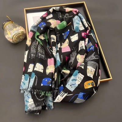 Mooi Dieren Cartoon Schattig Kattenpatroon Franje Viscose Sjaal Dames Meisjes Print Zachte Sjaals En Wraps Pashmina Moslim Hijab Sjaal black