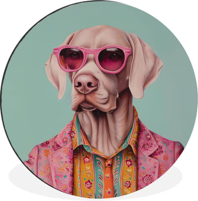 WallCircle - Wandcirkel - Muurcirkel - Hond - Overhemd - Bloemen - Bril - Aluminium - Dibond - 30x30 cm - Binnen en Buiten