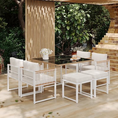 7-delige eettafel- en stoelenset voor buiten voor 6 personen, tafel van gehard glas met PE-rotan omwikkeling, handgeleuningplaat van acaciahout, geschikt voor maaltijden in achtertuin, tuin