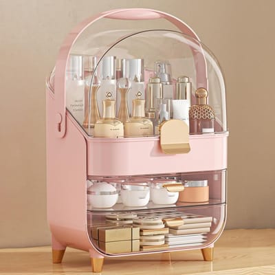 Grote Makeup Organizer met Lades en Deksel - Perfect voor Cosmetica, Huidverzorging en Parfumopslag op de Badkamer Countertop (Roze)
