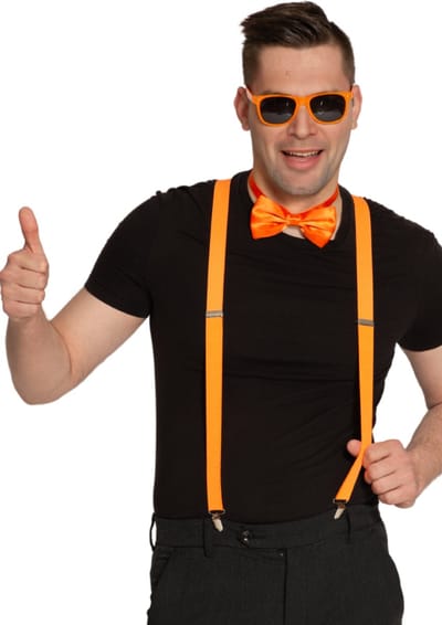 Partychimp Verkleed Set Bretels/Bril/Strik Voordeelverpakking 6 Stuks voor bij Carnavalskleding Heren Carnavalskleding Dames Carnaval Accessoires Verkleedaccessoires Volwassenen Foute Party Neon Party Toppers 2026 - Neon Oranje - 6 Stuks