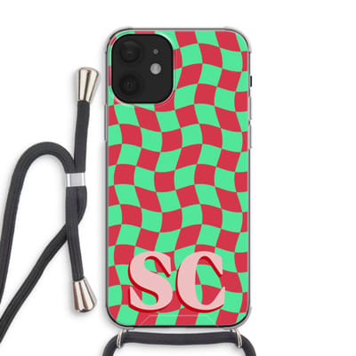 Gepersonaliseerd - Case Company® - Hoesje met koord geschikt voor iPhone 12 hoesje met Koord - Grid Monogram - Telefoonhoesje met Zwart Koord - Extra Bescherming aan alle Kanten en Over de Schermrand