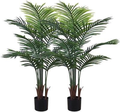 Dailygoods- Kunstpalm 120 cm - Set van 2 - Tropische Kunstboom - Zwarte Plantenpot - Areca-Plant van Kunstzijde - Decoratie voor Binnen - Kunstplant