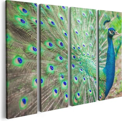 Artaza Canvas Schilderij Vierluik Pauw Met Kleurrijke Veren - 80x60 cm - Wanddecoratie Woonkamer - Schilderijen - Muurdecoratie