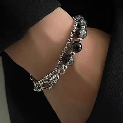 Bracelet Chaîne Double Couche Perle Craquelée Glacée Acier Titane Épissage Bracelet Rétro Unisexe Design de Niche brown
