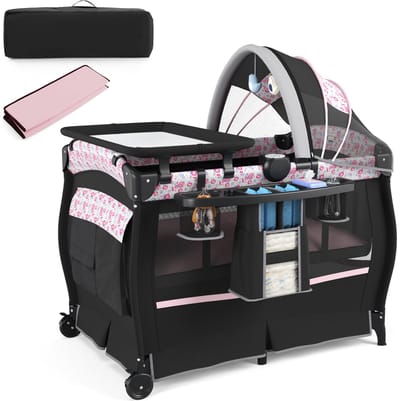 COSTWAY 5-in-1 reisbed met matras, bijzetbed inklapbaar met verstelbare luifel, babybed met aankleedkussen, muziekdoos en draagtas, kinderreisbed tot 15 kg belastbaar (roze bloemen)