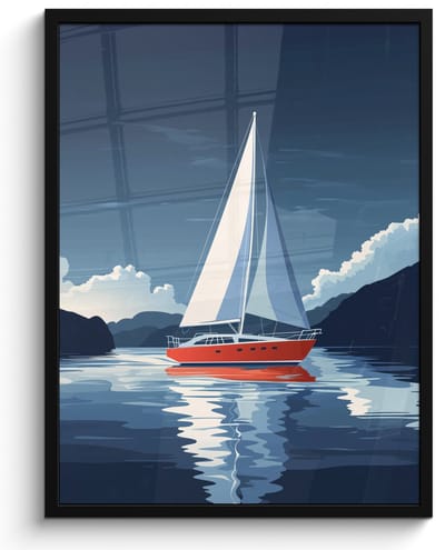 Poster in lijst - Fotolijst 60x80 cm - Posters - Zeilboot - Donkere bergen - Stilte - Posterlijst zwart - Decoratie - Wanddecoratie woonkamer - Muurdecoratie slaapkamer