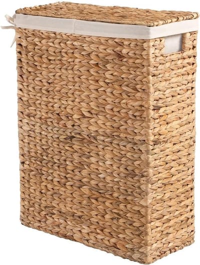 Smalle wasmand - Wasmand met deksel - Ruimte Besparen - Natuurlijk materiaal - 21 cm lang - Beige