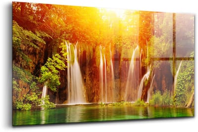 Wallfluent Glasschilderij - Schilderachtig uitzicht op de waterval Glas Foto - 100x50 cm - Oranje Horizontale muurfoto - Landschap Glazen Schilderij - Foto Op Glas - Foto Schilderij Op Glas