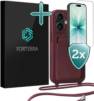 Hoesje Geschikt voor iPhone 17 Pashouder Case Siliconen Hoes Met Koord Met 2x Screenprotector - Hoes Geschikt voor iPhone 17 Met Telefoonkoord Hoesje Back Cover Met Pasjeshouder - Aubergine
