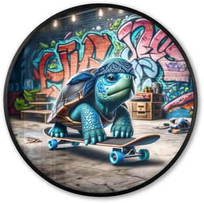 Poster in lijst Rond - Fotolijst 60x60 cm - Posters - Schildpad - Graffiti - Skateboard - Jongens - Ronde posterlijst zwart - Decoratie - Wanddecoratie woonkamer - Muurdecoratie slaapkamer