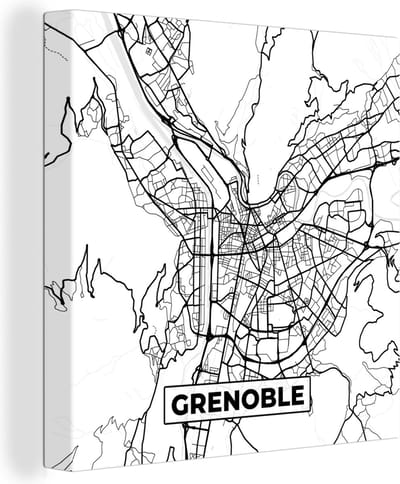 Canvas Schilderij Kaart - Plattegrond - Grenoble - Frankrijk - Stadskaart - Zwart wit - 20x20 cm - Wanddecoratie