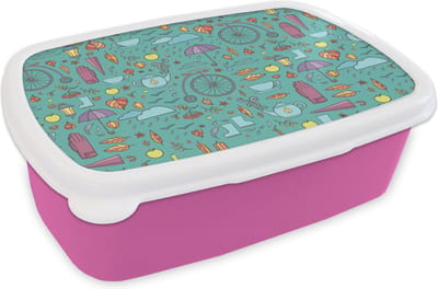 Broodtrommel Roze - Lunchbox - Brooddoos - Herfst - Patroon - Fiets - Regen - 18x12x6 cm - Kinderen - Meisje
